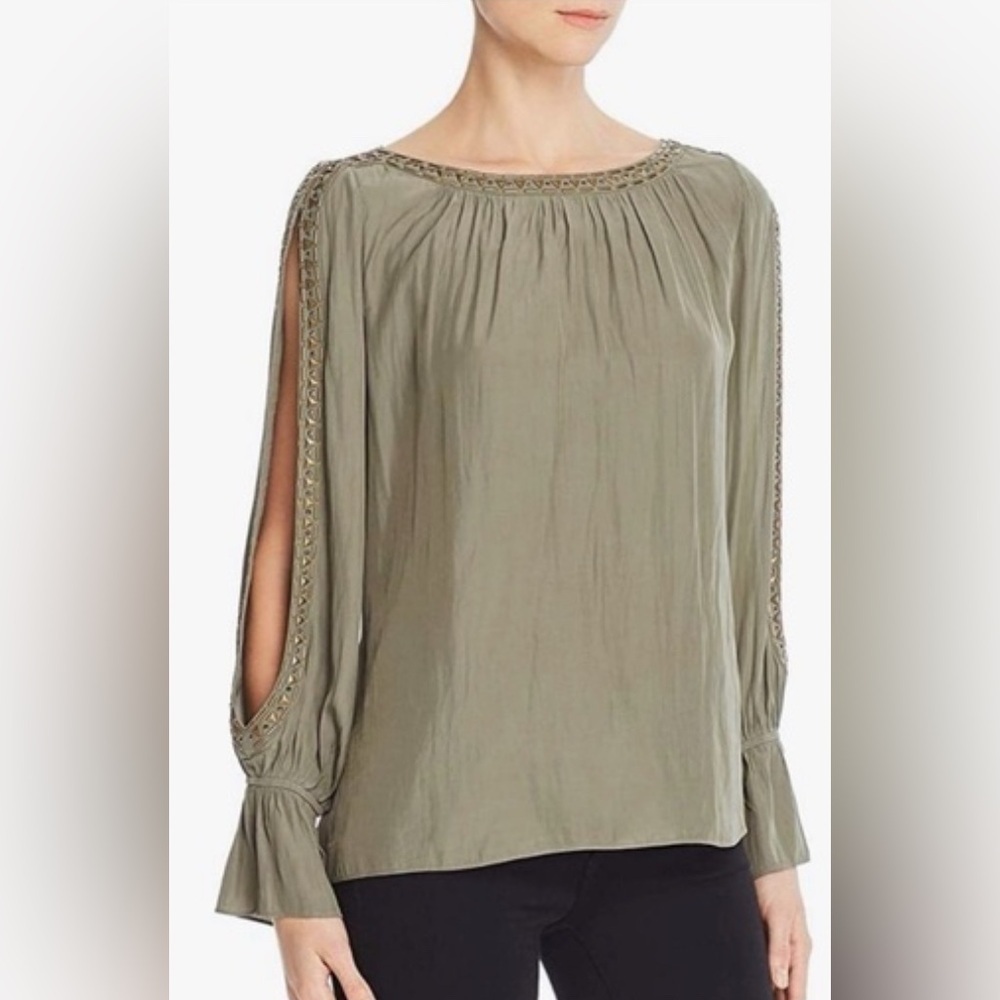 Ramy Brook Olive Green Grecian Embellished Slit Sleeve Top Size Small